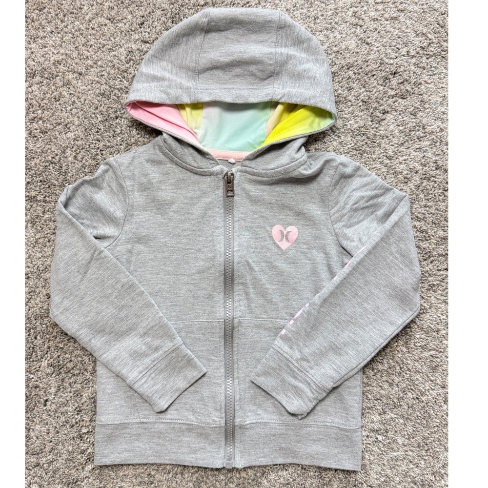 Hurley Girls Heather Gray Full Zip Hoodie Rainbow Tie Dye Hood Heart Logo Size 5